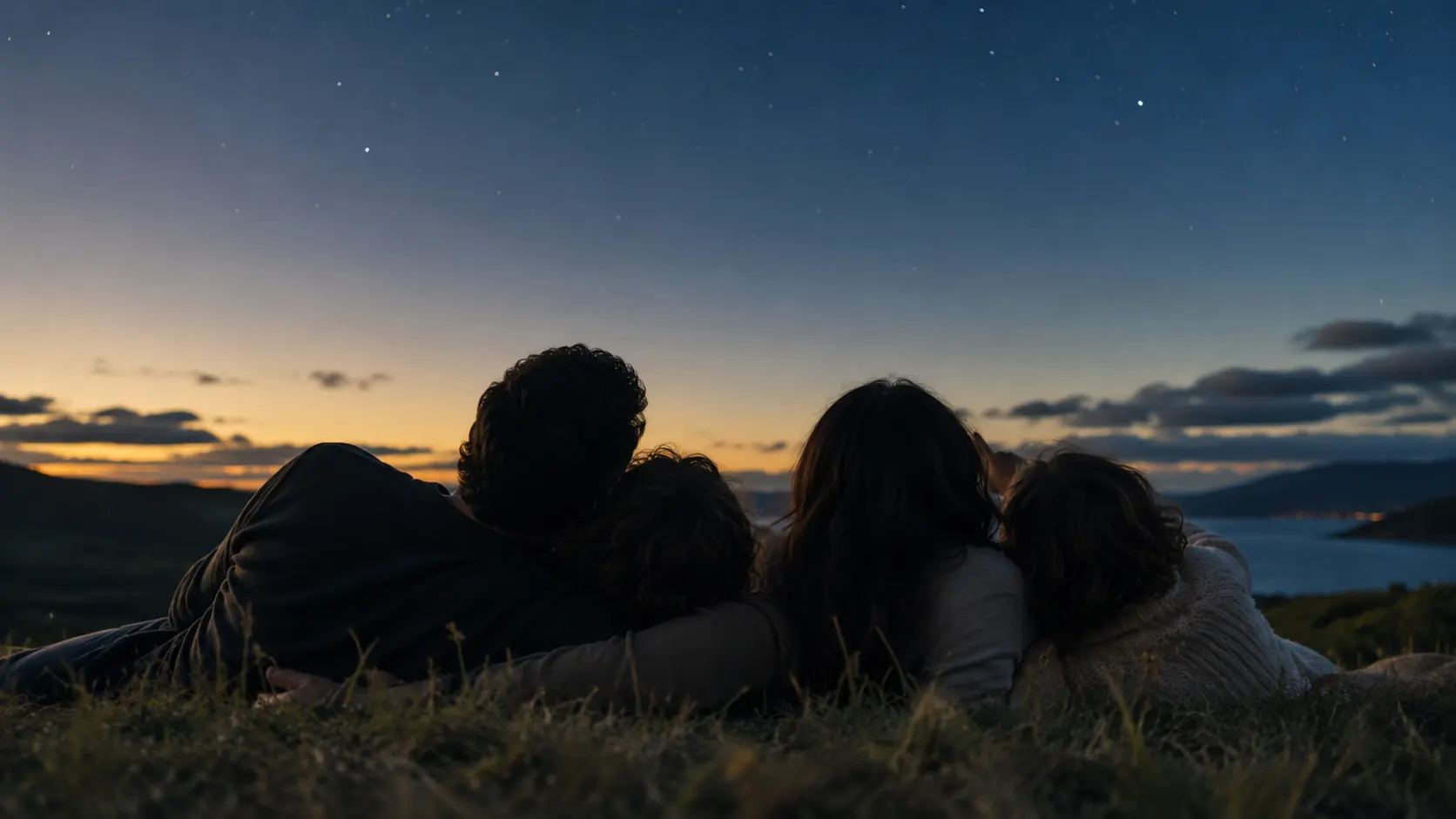 A family lying in the grass at dusk, looking up at the first stars